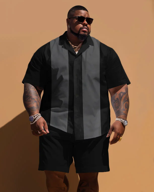 Men's Plus Size Simple Striped Colorblock Printed Short Sleeve Shirt And Shorts Set