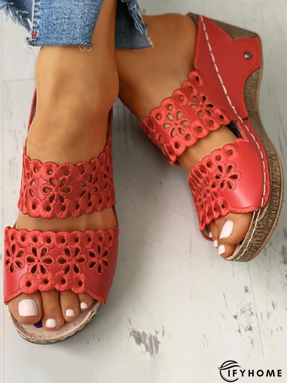 Embroidered Cutout Platform Wedge Slipper Sandals | IFYHOME