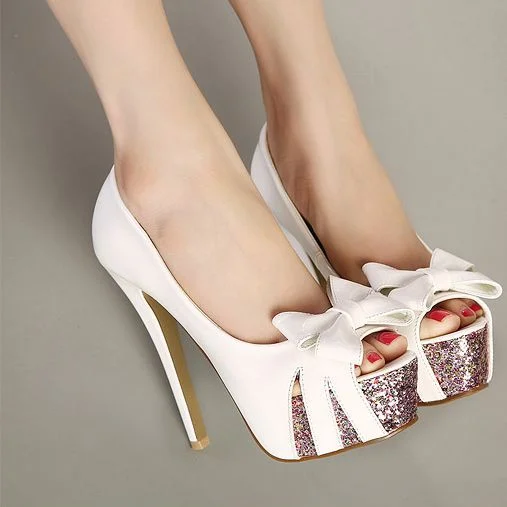 Custom Made White Bow Peep Toe Platform Heels Pumps |FSJ Shoes
