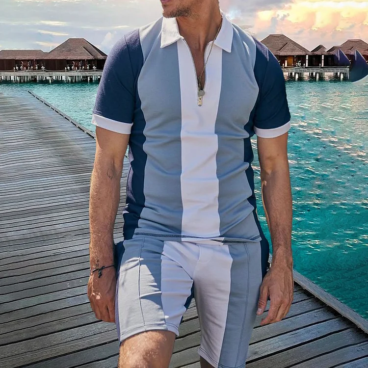 BrosWear Gray-Blue Stripes Print Short Sleeve Polo Shirt And Shorts Co-Ord
