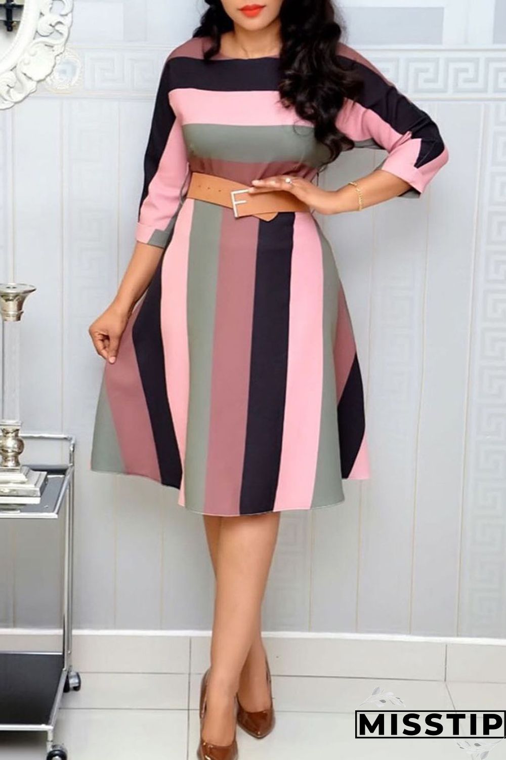 Orange Casual Striped Print Patchwork O Neck A Line Dresses