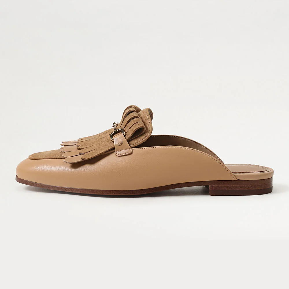 Tan Round Toe Flat Layered Fringe Casual Snaffle Buckle Mules Shoes