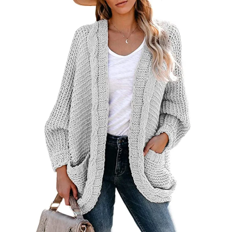 Light Gray Chunky Wide Open Front Knit Cardigan