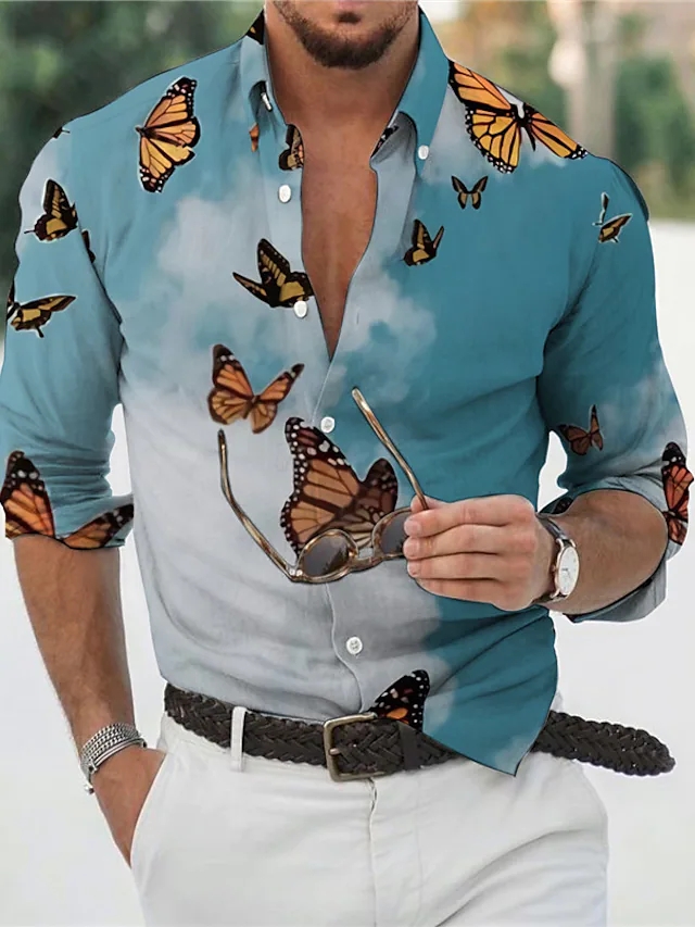 men's shirt 3d print butterfly animal turndown casual daily 3d print button-down long sleeve tops casual fashion designer comfortable blue