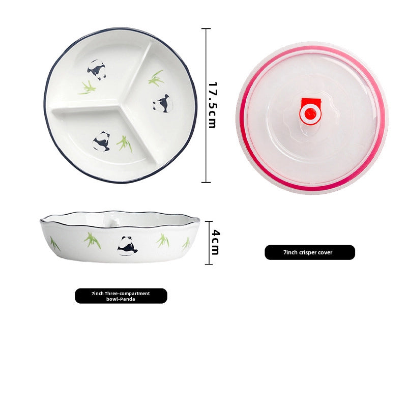 Ceramic Compartment Deep Bowl With Lid Sealed Partition Bowl Heat-resistant Microwave Oven Special Three-compartment Bowl Plate Snack Lunch Box