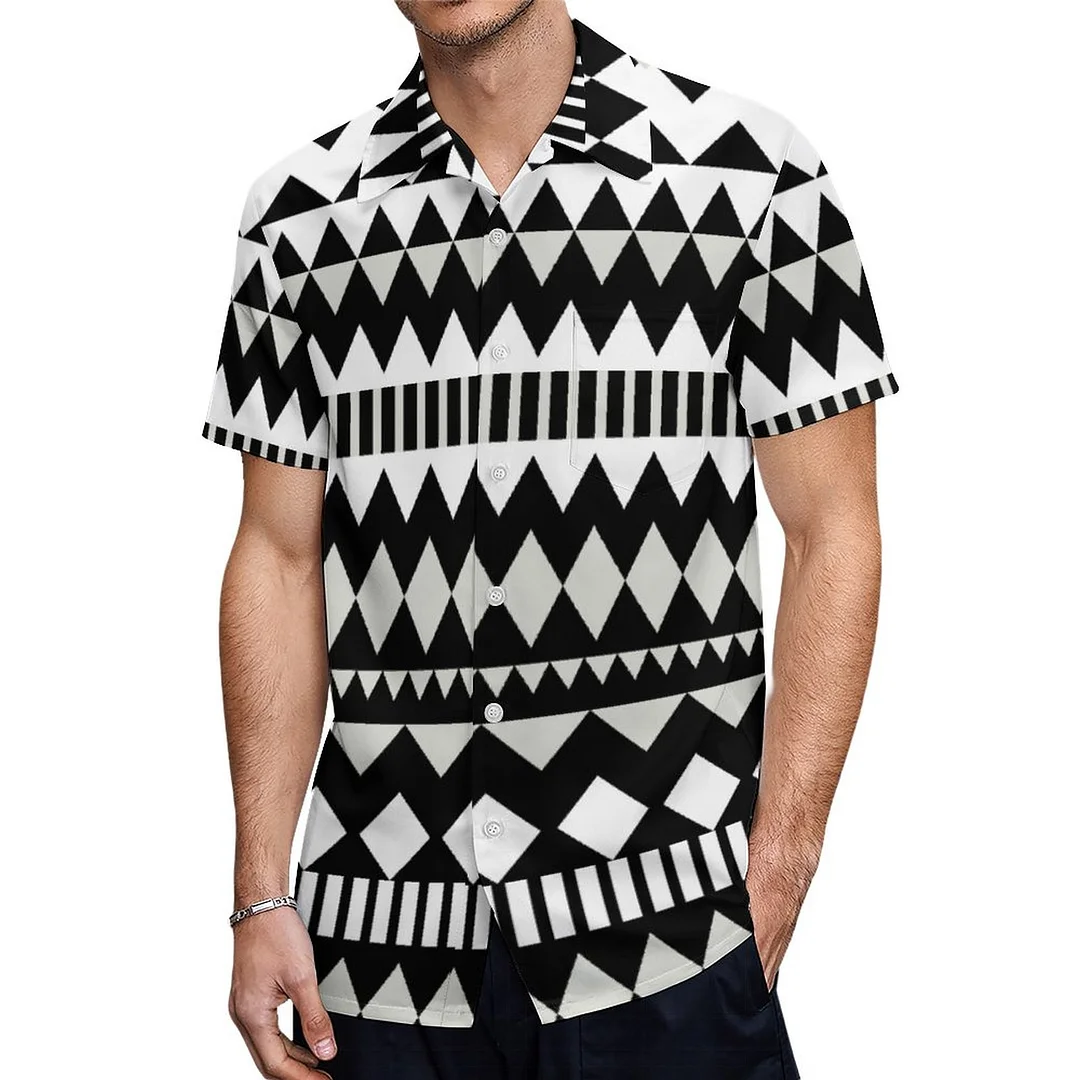 Cool Geometry Black White Aztec Tribal Hawaiian Shirt Mens Button Down Plus Size Tropical Hawaii Beach Shirts