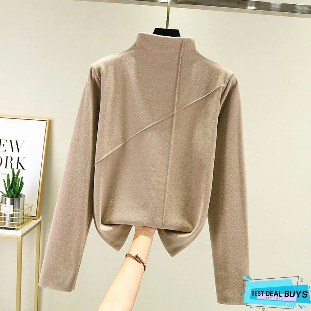 Women's T shirt Tee Light Pink dark brown A Plain Long Sleeve Daily Basic High Neck Regular Fleece lined XXL (recommended 140-160 catties)