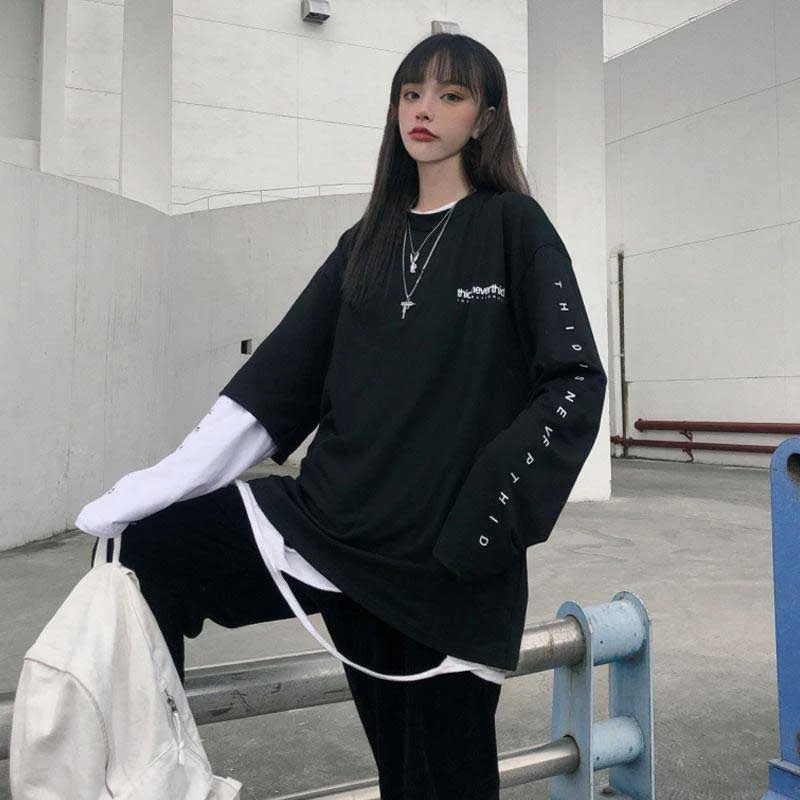 NiceMix Patchwork Contrast Long Sleeve Oversized Loose Woman Man Streetwear Korean Harajuku Letter Graphic Print Tshirt T-Shirt