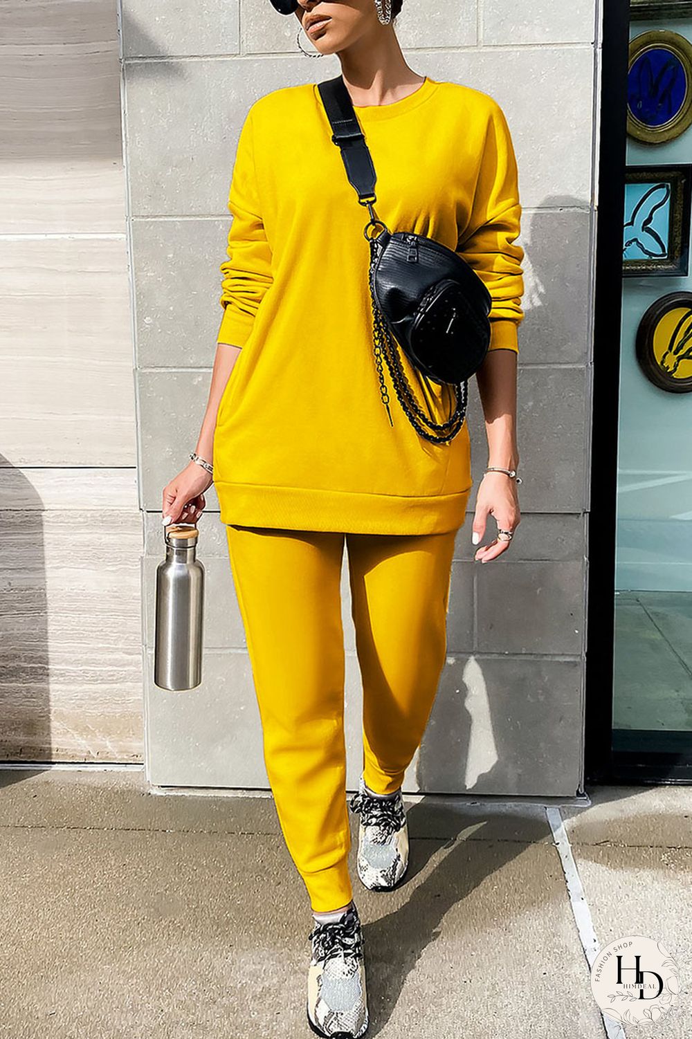 Yellow Work Daily Solid O Neck Long Sleeve Two Pieces