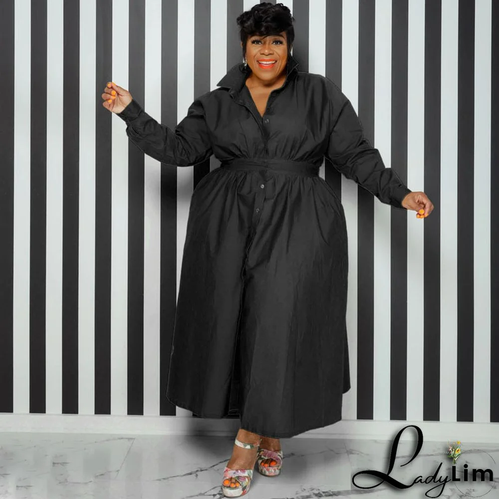 Plus Size Women Solid Turndown Collar Long Sleeve Shirt Dress