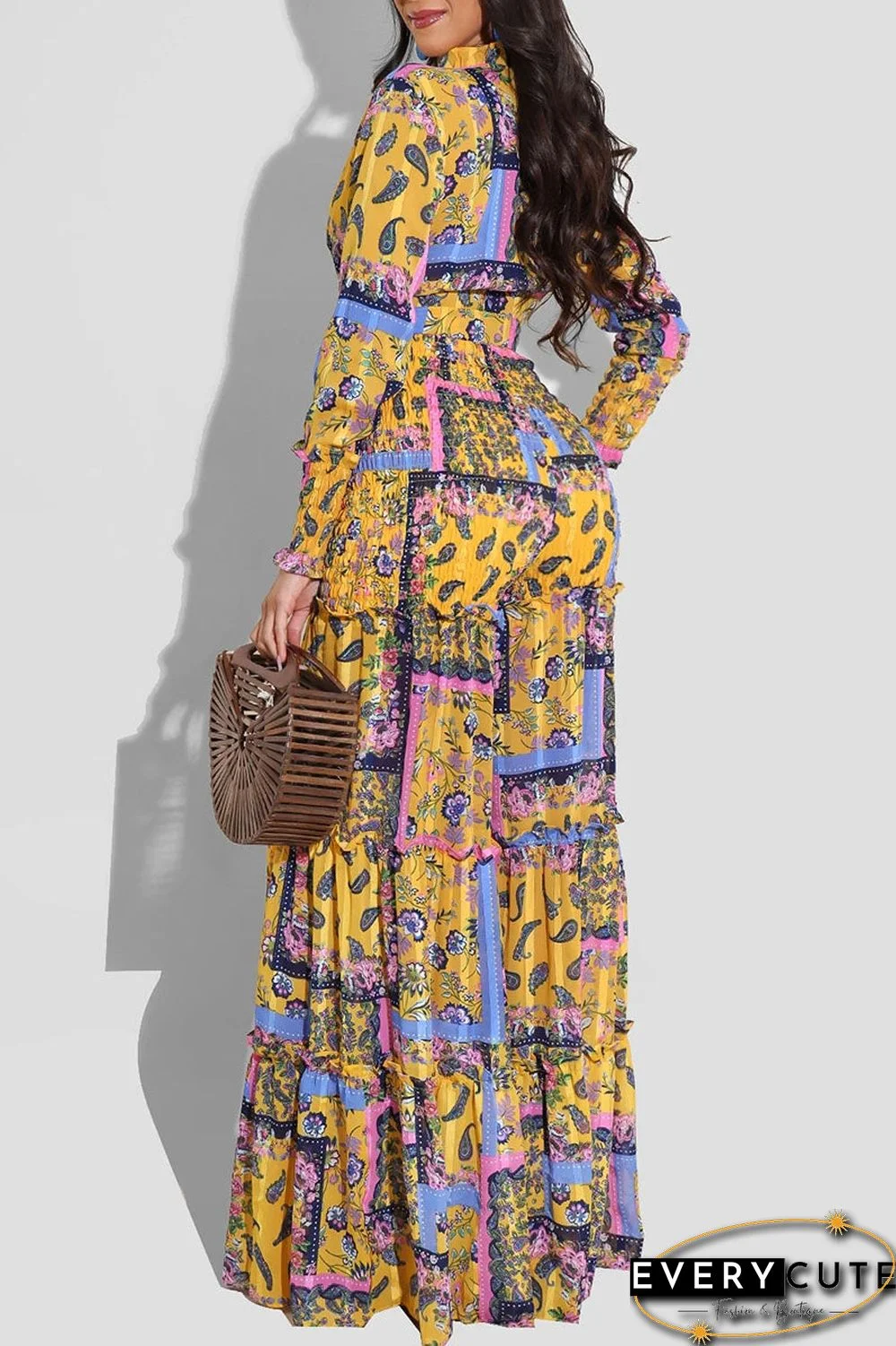 British Style Print Bandage Split Joint V Neck Long Sleeve Two Pieces