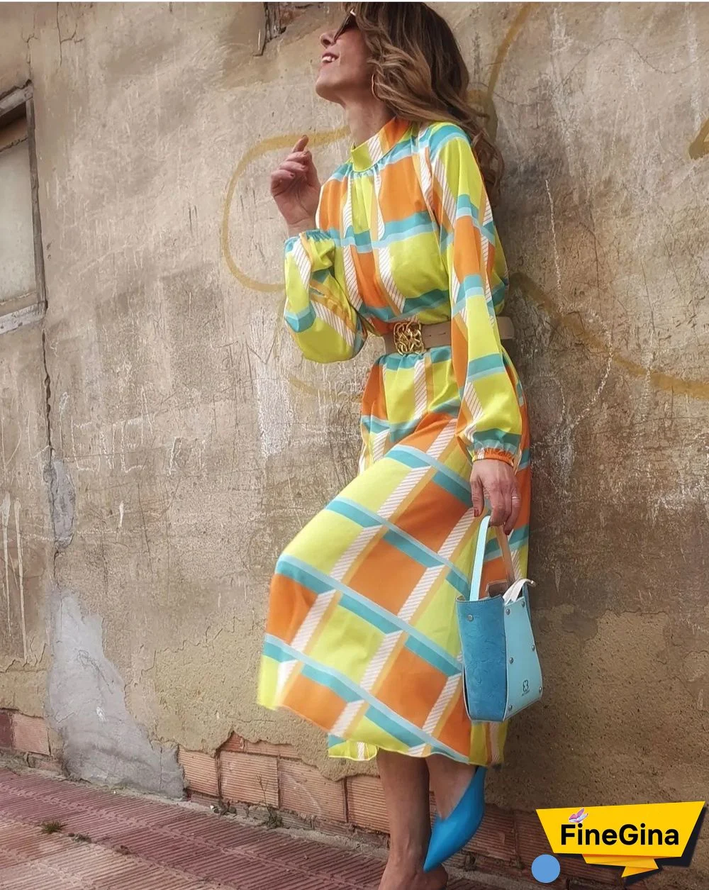 Sleeve Print Waist A-shaped Dress Plus Size Ladies Dress