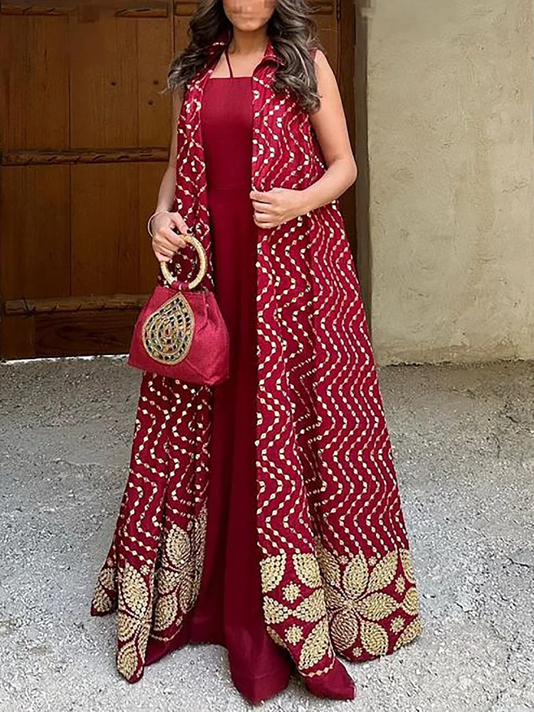 Red Strapless Dress and Printed Lapel Tunic Set