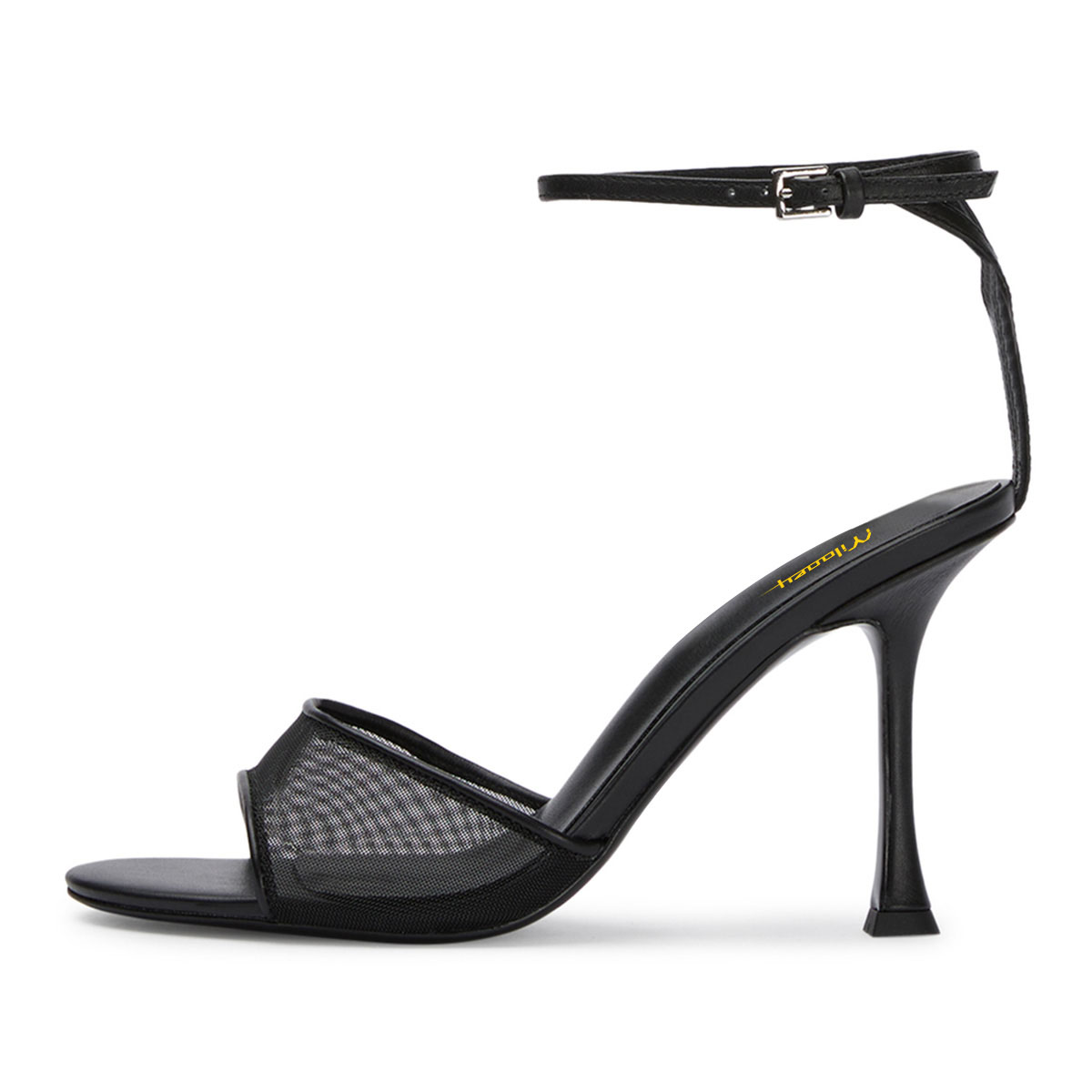 Mesh Open Toe Flared High Heel Ankle Strap Black Sandals for Women Nicepairs