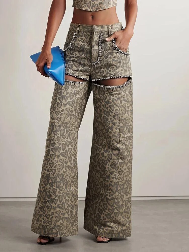 Brownm Leopard Embellished Cut Out Pants