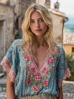 Women's Pink Floral Embroidered Art V-neck Linen Blend T-shirt