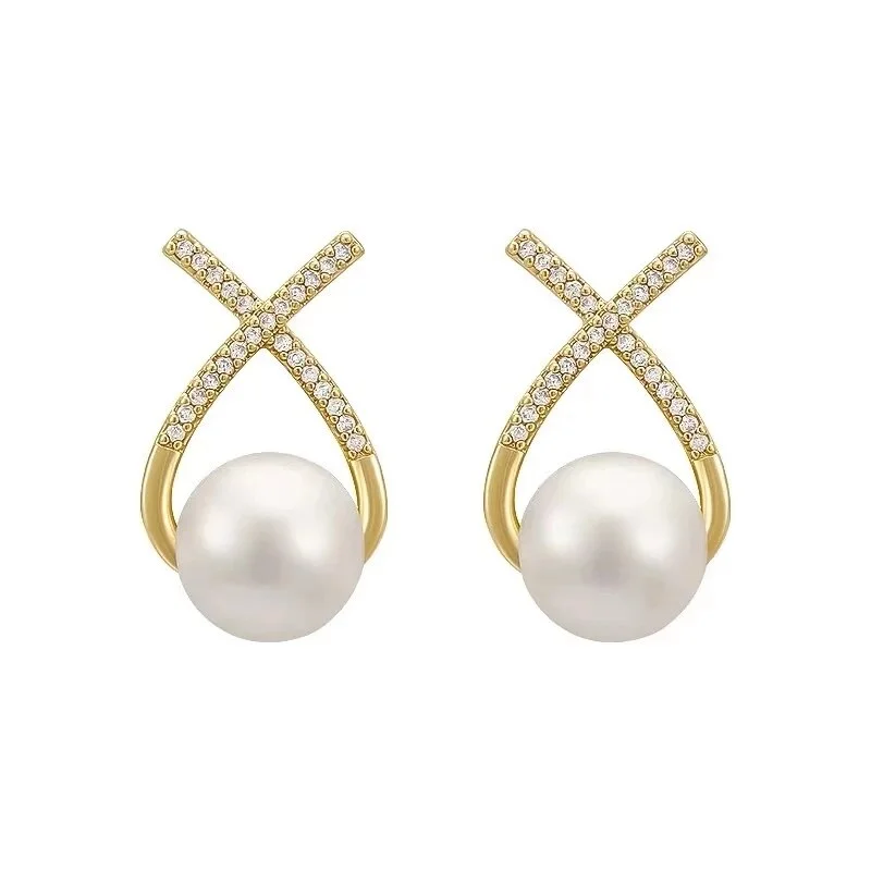 Fashionable Crossed Monogram Pearl Stud Earrings | IFYHOME