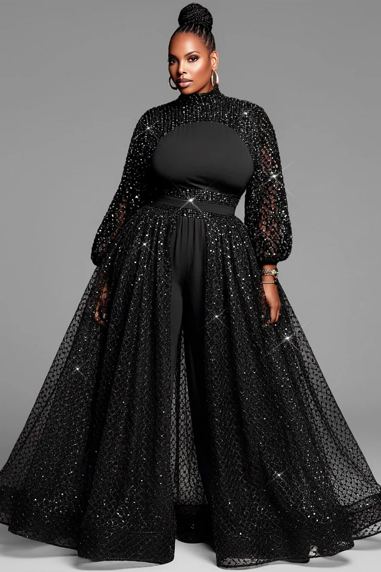Xpluswear Design Plus Size Formal Black Mock Neck Lantern Sleeve Long Sleeve With Skirt Overlay Elegant Jumpsuits [Pre-Order]