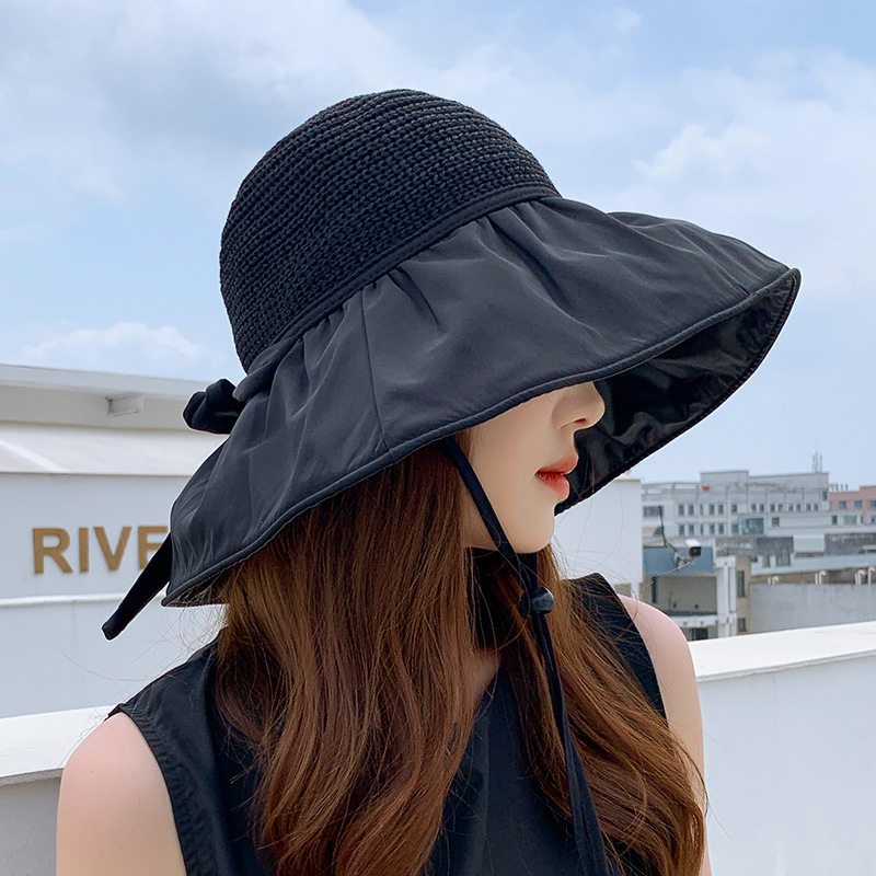 Hollow Straw Hat Splicing Big Eaves Bow Sun-Protection Fisherman Hat