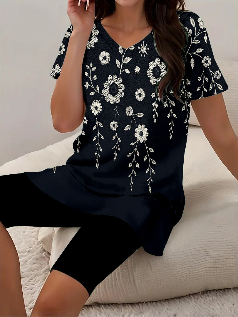 Women Long Sleeve V-neck Graphic Floral Printed Top