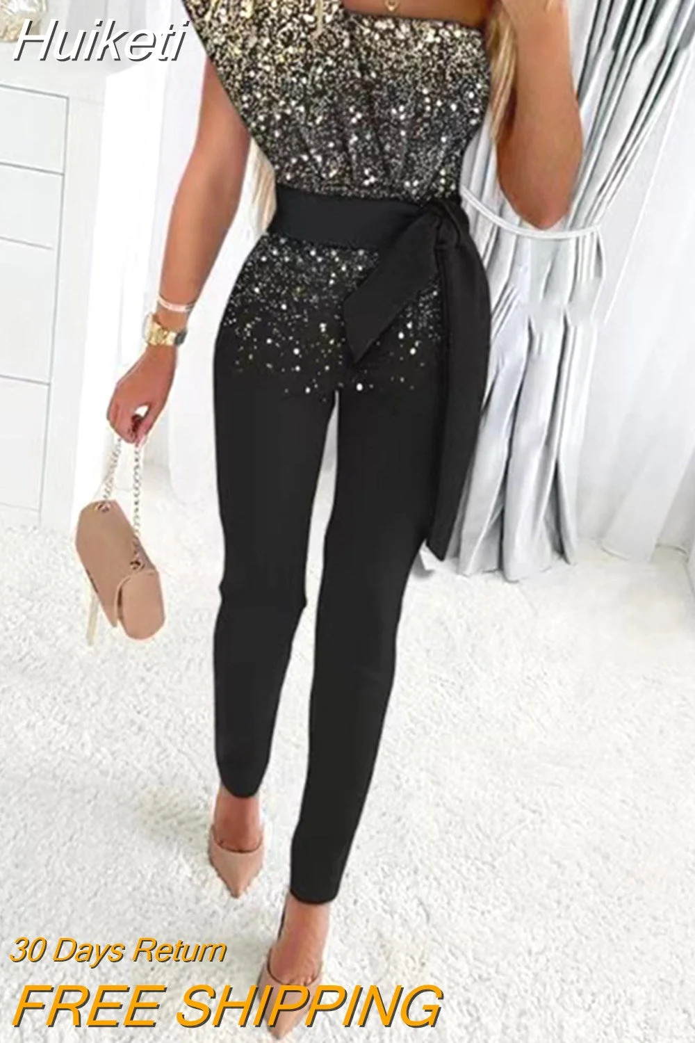 Huiketi Sequins Patchwork Short Sleeve Slim Bodycon Outfits Jumpsuit Women Lady Elegant Sexy One Piece Party Overalls