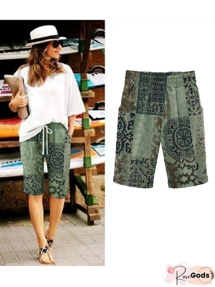 Paisley Shift Printed Cotton-Blend Casual Summer Green Shorts