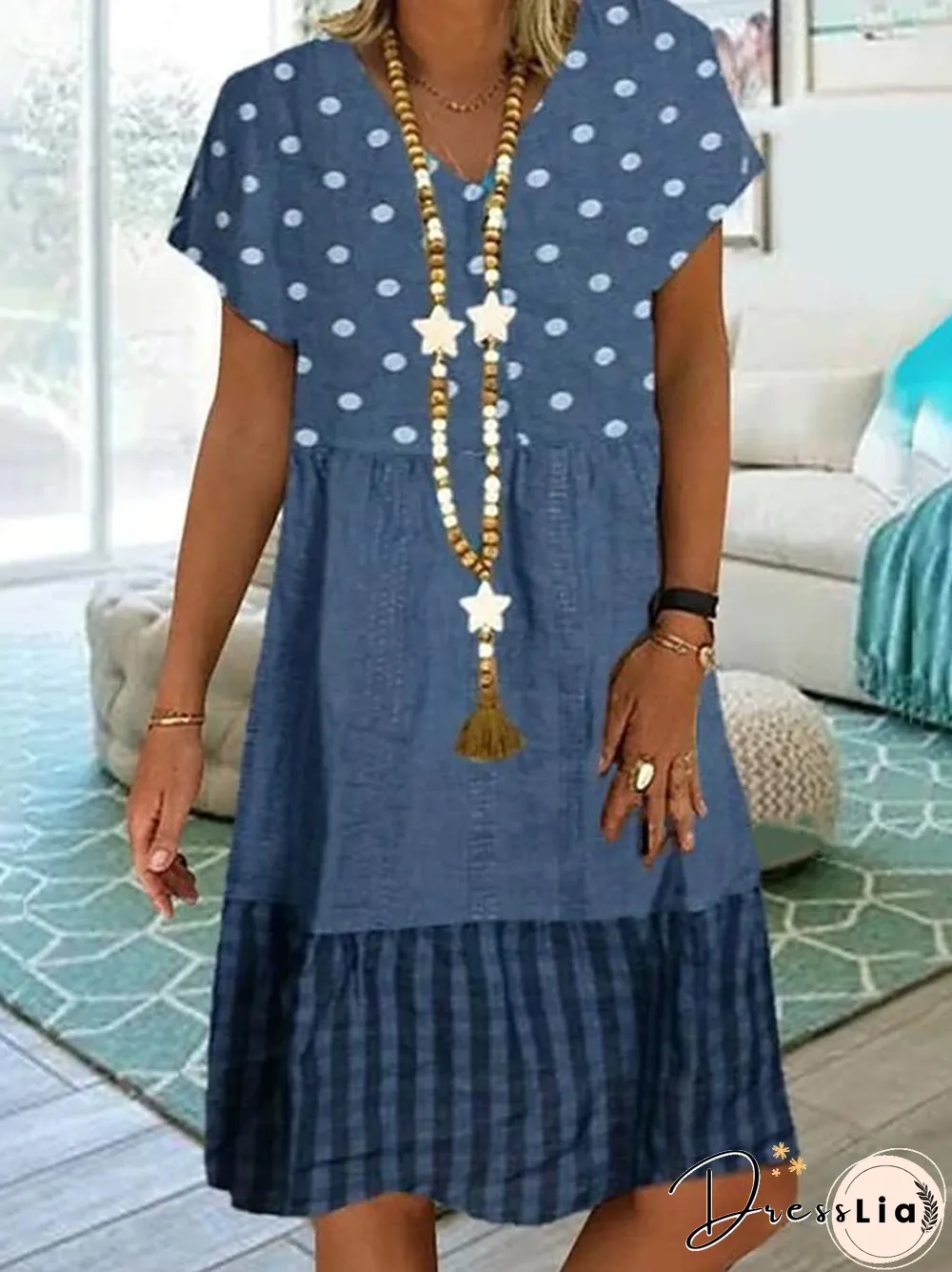 Women's Knee Length Dress - Short Sleeve Polka Dot Print Summer Plus Size Hot Casual Blue Khaki Green M L XL XXL 3XL 4XL 5XL