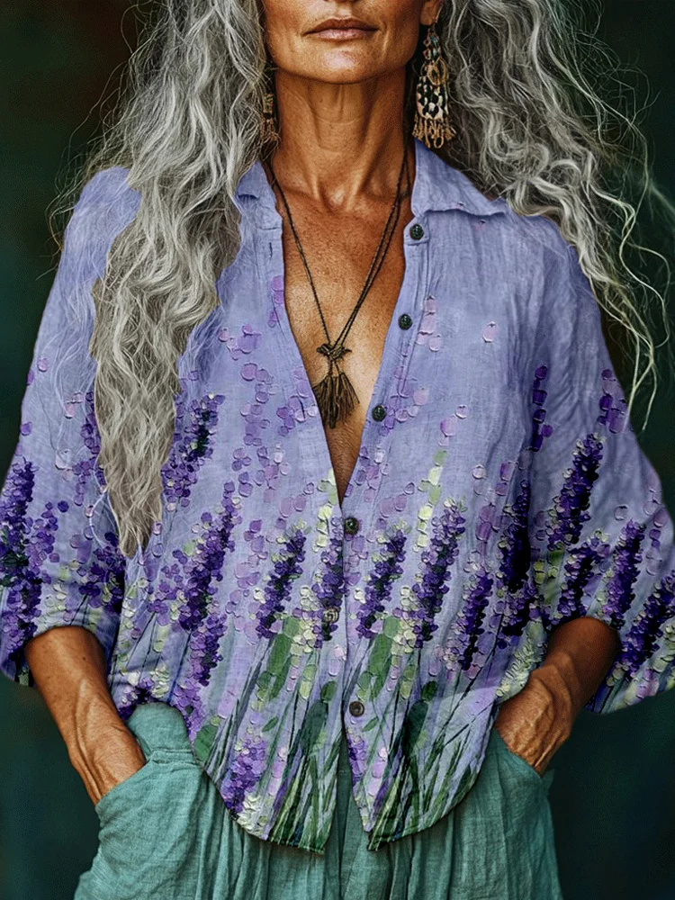 Purple Lavender Painting Art Linen Blend Cozy Blouse