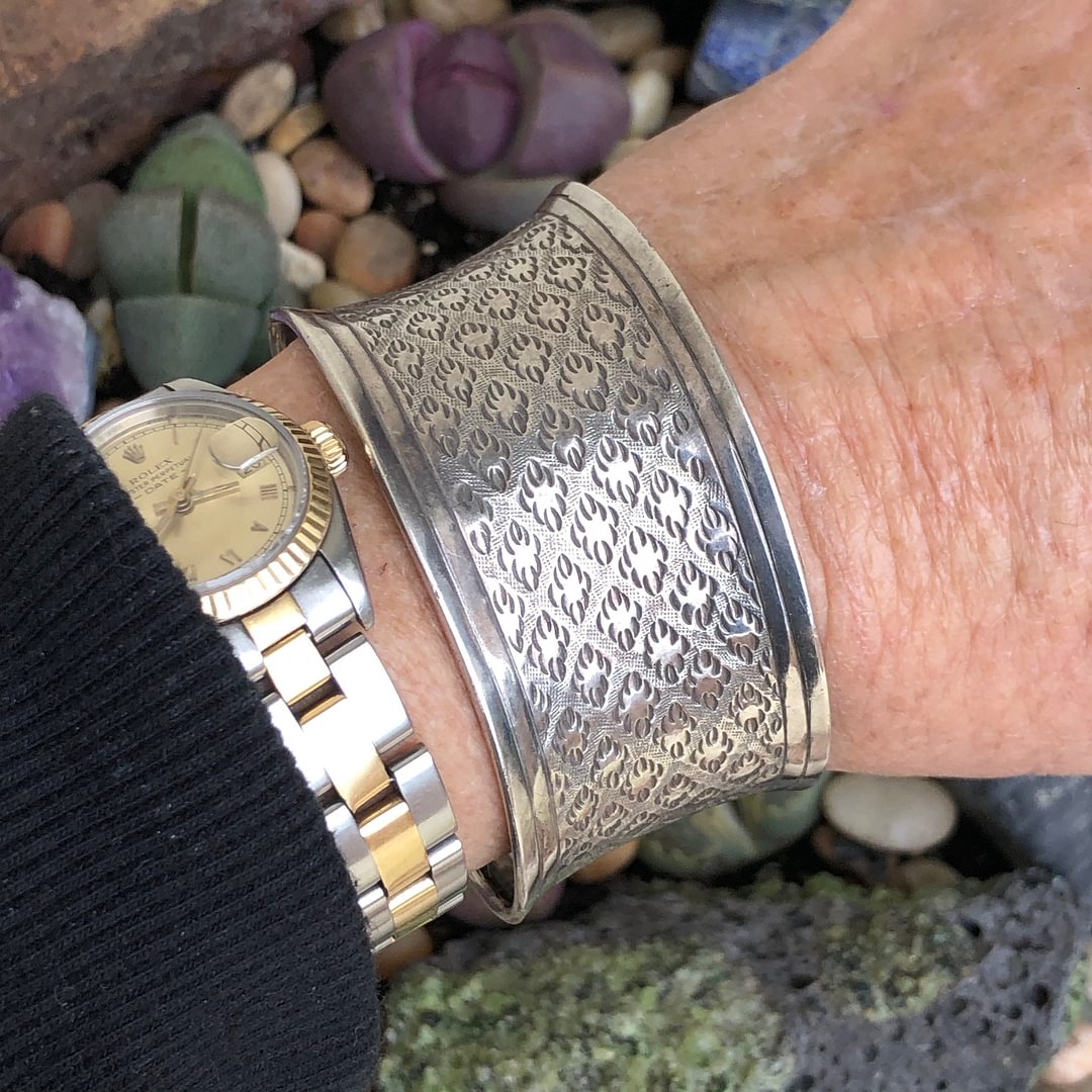 Sterling Silver Wide Stamp Decorated Cuff Bracelet