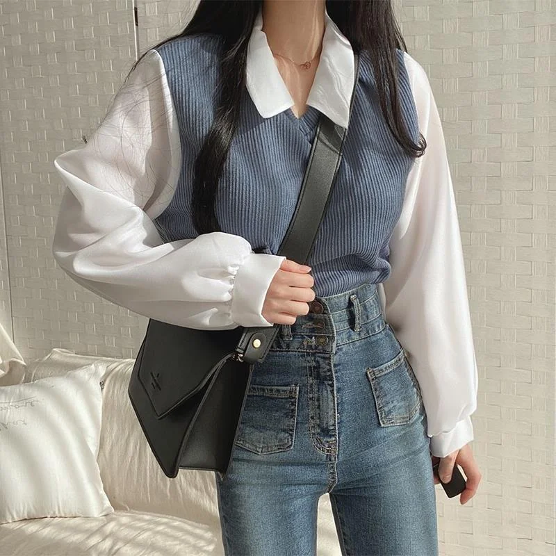 Uveng Uveng Plus Size Fat Mm Fake Two T-Shirt Female Splicing POLO Collar Long Sleeve Hoodie Screw Thread Loose Versatile Top