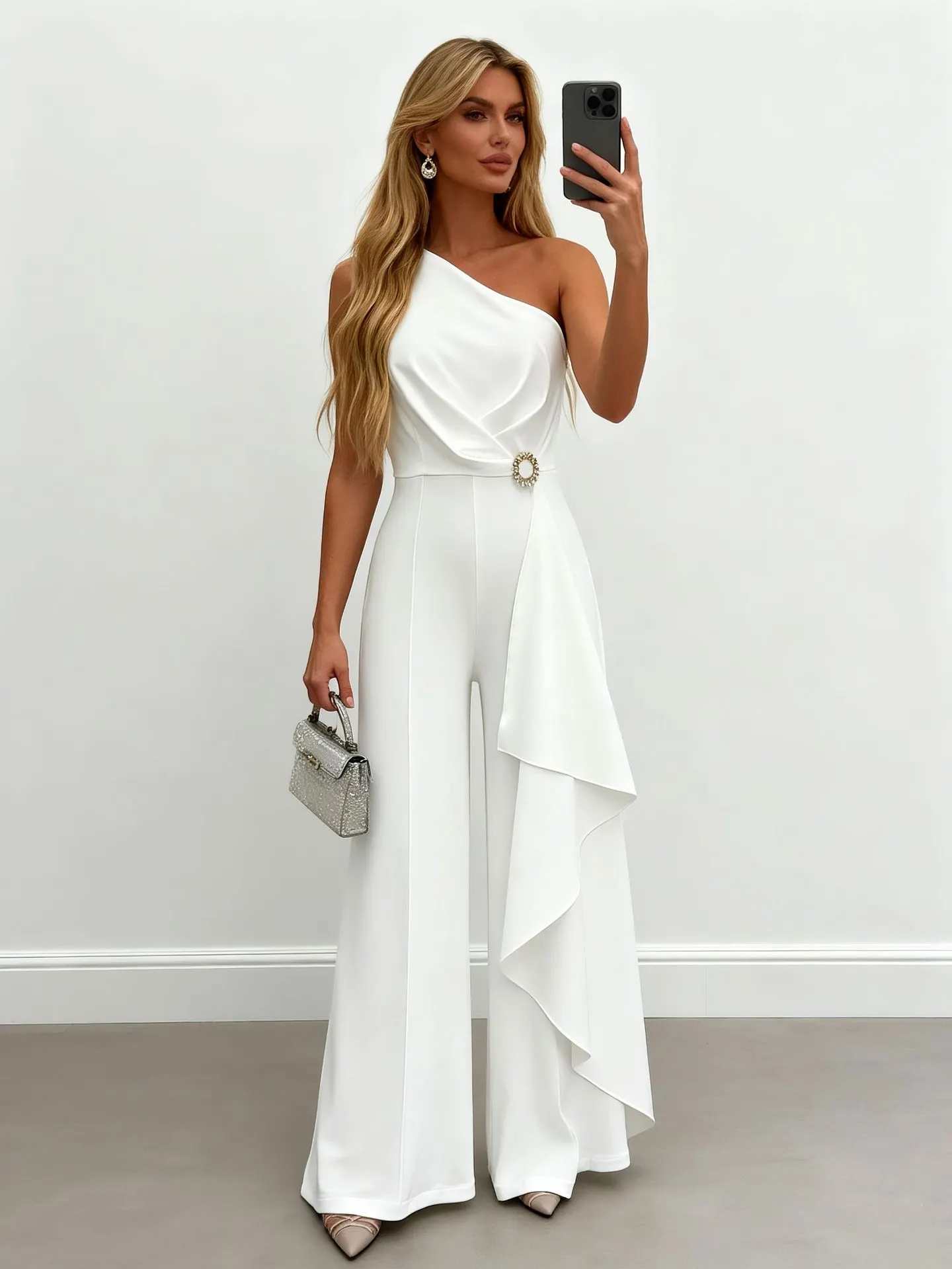 Rhinestone Belt Ruffle Draped Wide Leg Formal Party Jumpsuit