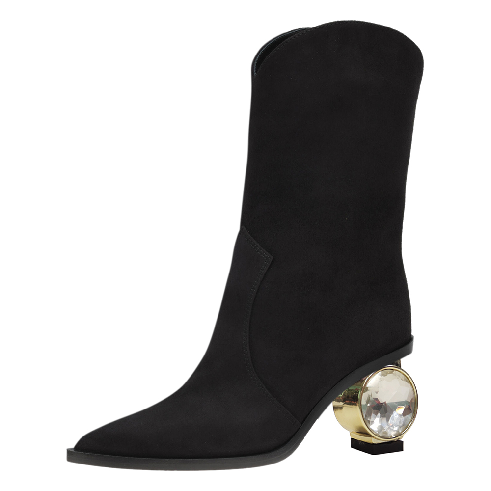 Black Faux Suede Closed Toe Decorative Heel Ankle Boots Nicepairs