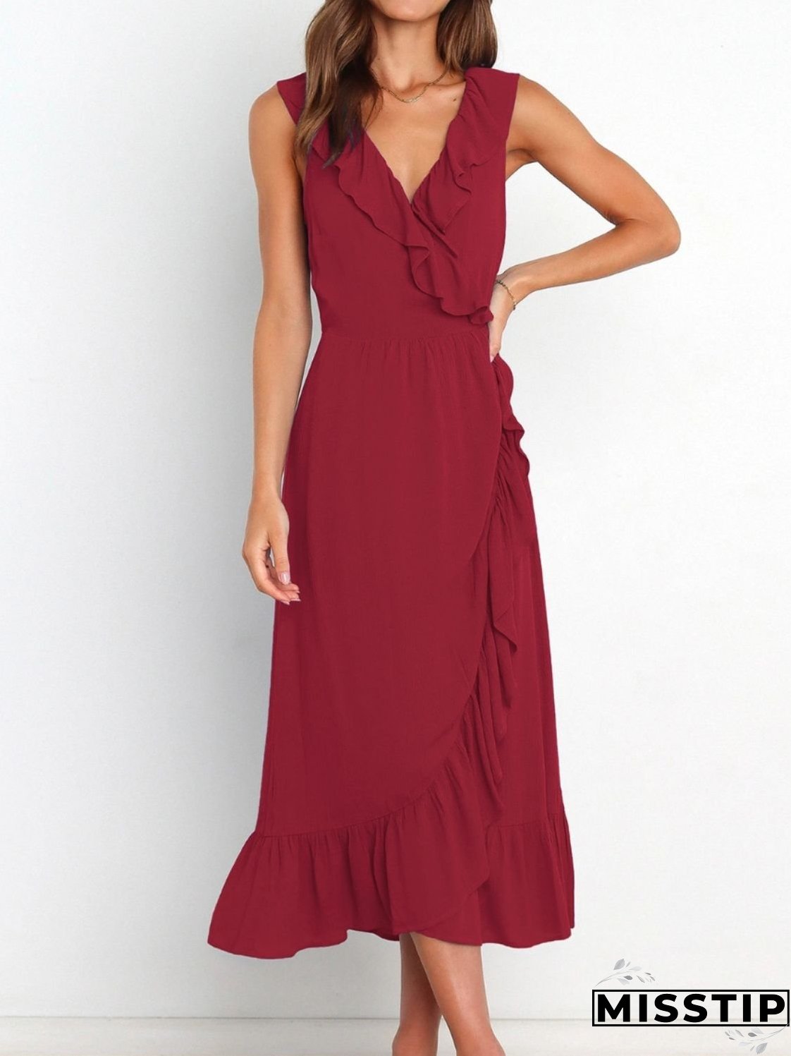 Ruffled Surplice Sleeveless Midi Dress