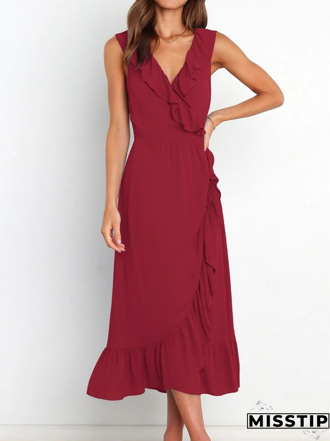 Ruffled Surplice Sleeveless Midi Dress