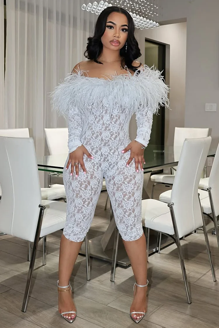 Feather Off Shoulder Lace Bodycon Party Romper Playsuit-White [Pre Order]