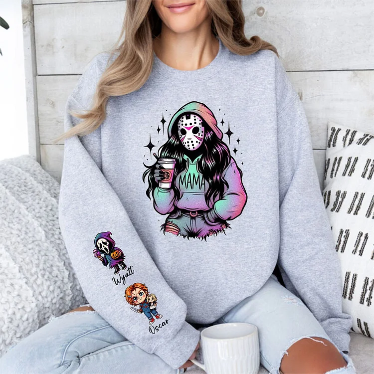 Custom Mama Sweatshirt with Kids Name on Sleeve, Personalized Halloween Ghost Mama Hoodie, Cute Spooky Fall Shirt Gift for Mom