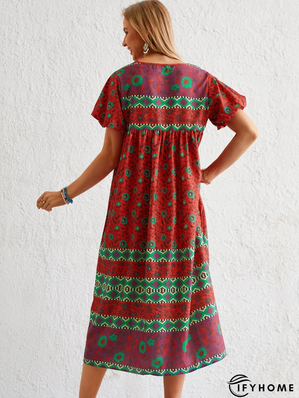 Bohemian casual vacation short sleeve V-neck dress | IFYHOME