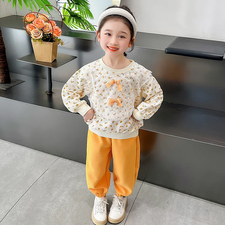 可愛い 花柄 ラウンドネック パーカー+パンツ 女の子 幼児 2点セットアップ