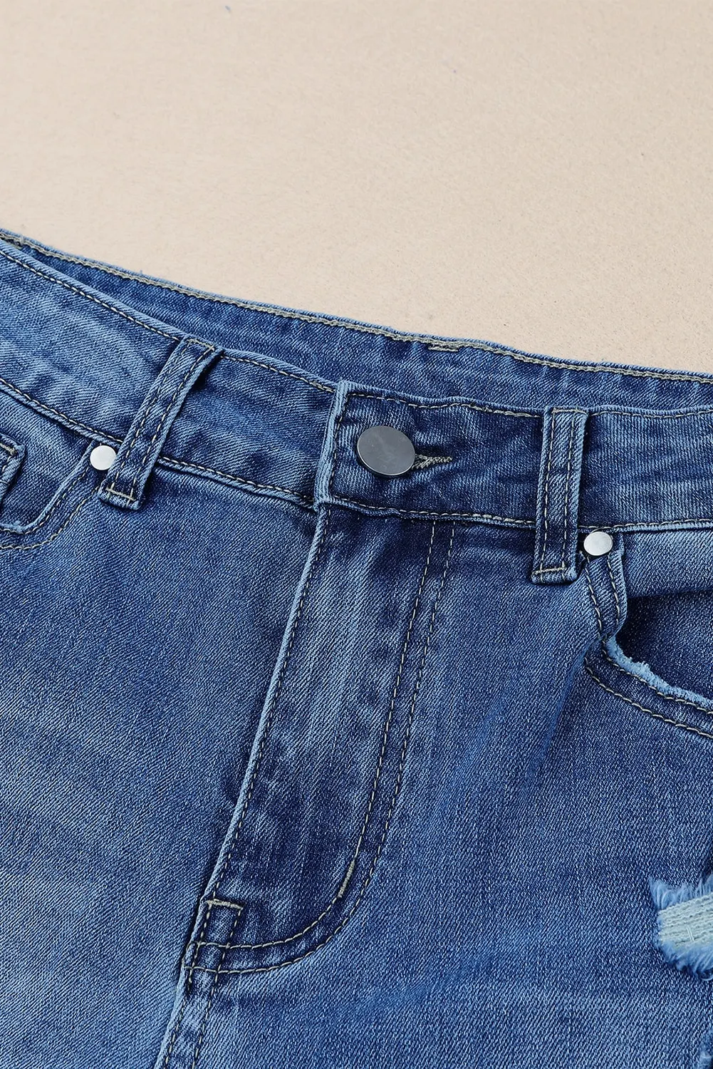 Sky Blue Distressed Raw Hem High Waist Flare Jeans