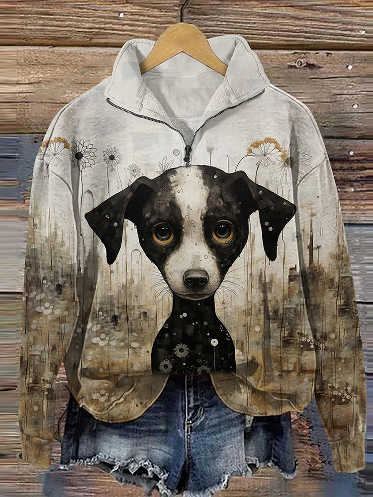 Women Retro Ink Color Dog Print Casual Zipper Sweatshirt
