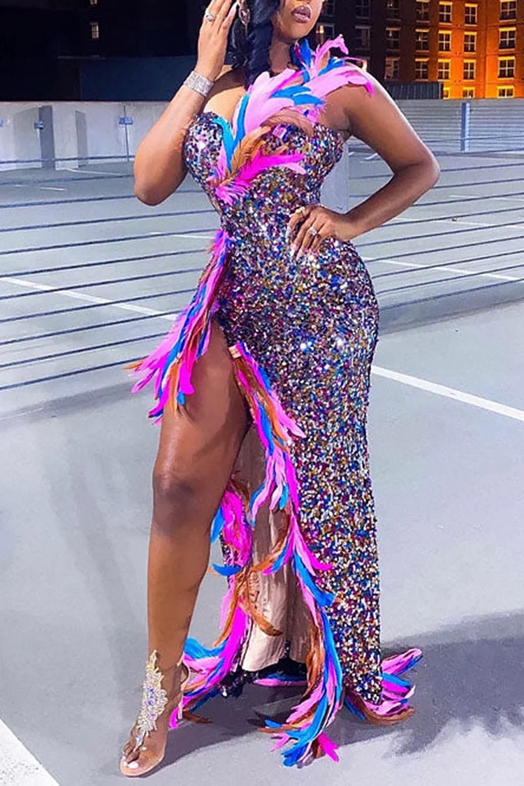 Plus Size Party Dress Multicolor Strapless Glitter Feathers Patchwork High Split Maxi Dress 