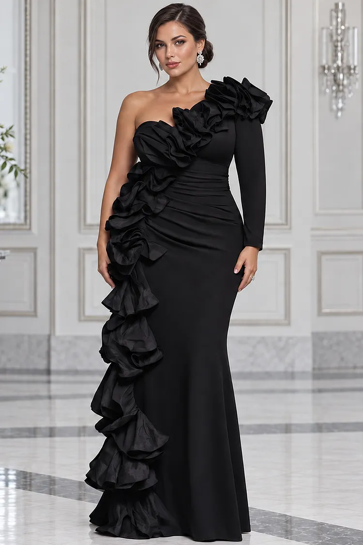 Xpluswear Design Plus Size Formal Black Oblique Collar One Shoulder Long Sleeve Ruffle Fold Maxi Dresses [Pre-Order] 2024 - Xpluswear