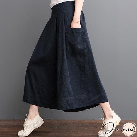 Navy linen pants summer crop wide leg pants