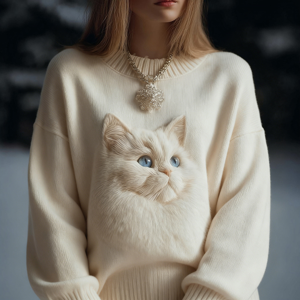 Lovely Fuzzy Cat Embroidered Round Neck Cozy Knit Sweater wearshes