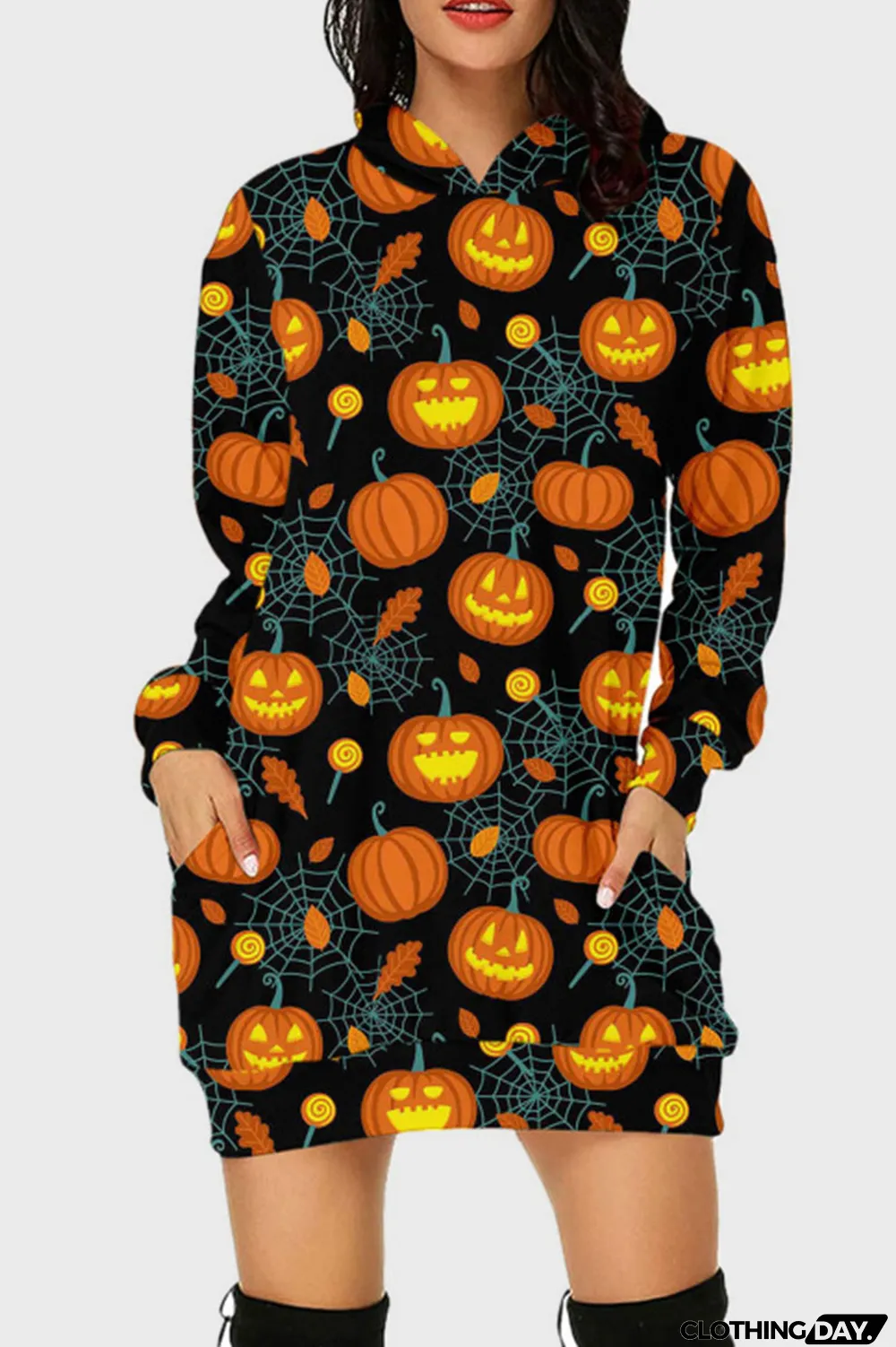 Black Street Print Split Joint Hooded Collar Long Sleeve Dresses