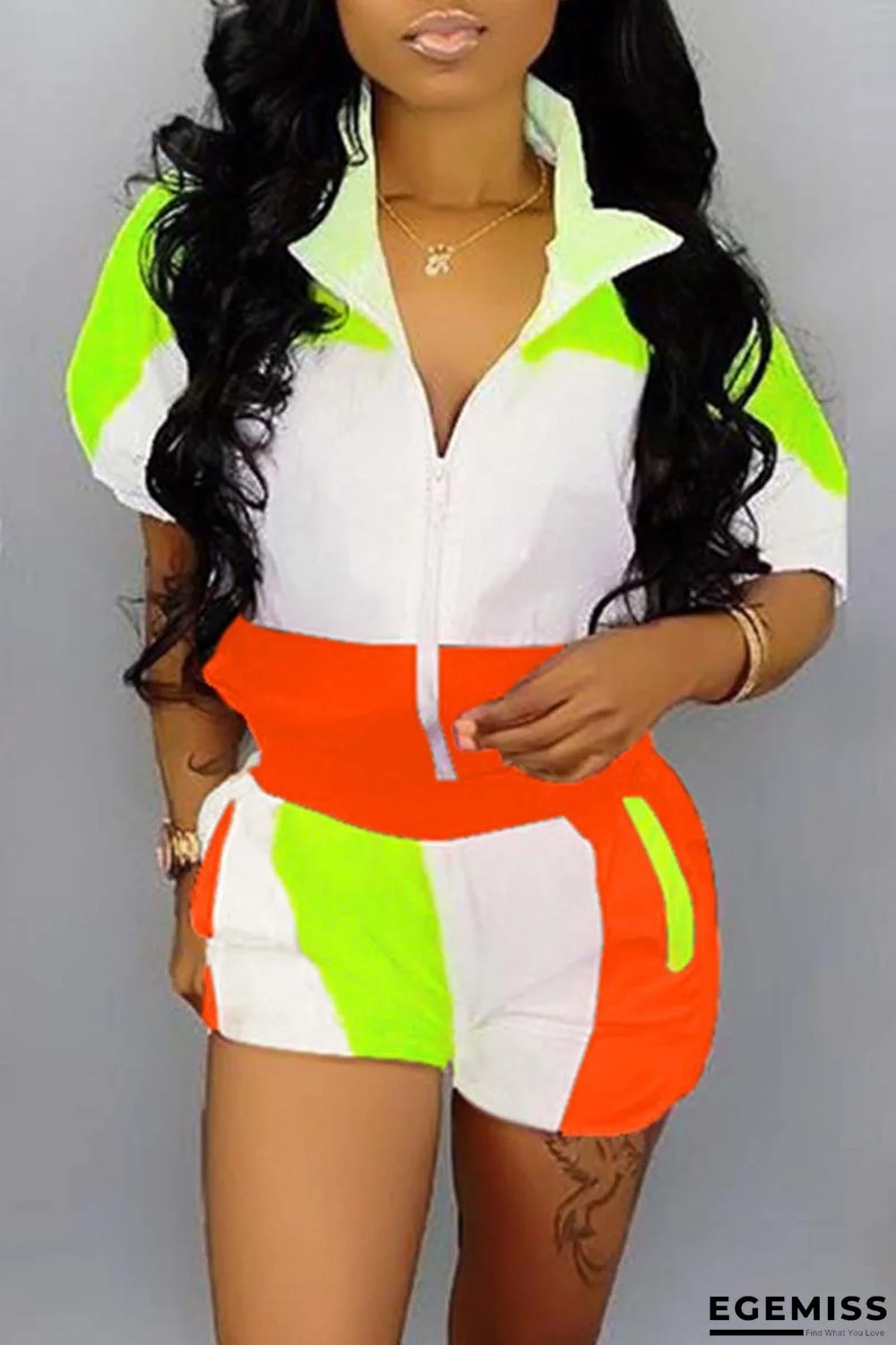 Orange Casual Sportswear Patchwork Basic Zipper Collar Half Sleeve Two Pieces | EGEMISS