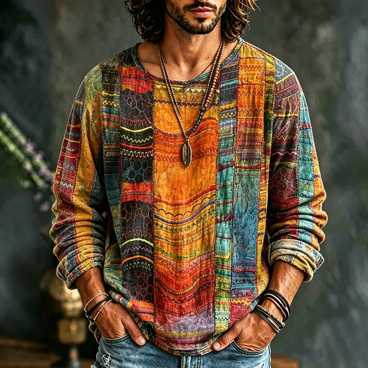 Men's Hippie Retro Distressed Rainbow Print Cotton Linen Long-sleeve T-shirt