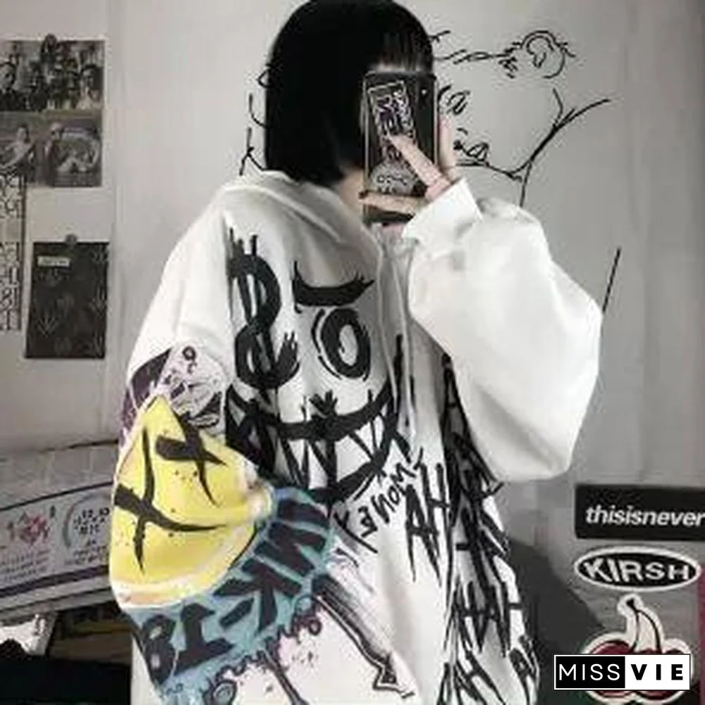 Casual Japan Cartoon Hip Hop Sweatshirts Women Spring Autumn Long Sleeve Oversize Punk Hoodies Femme Tops Sweatshirt Females