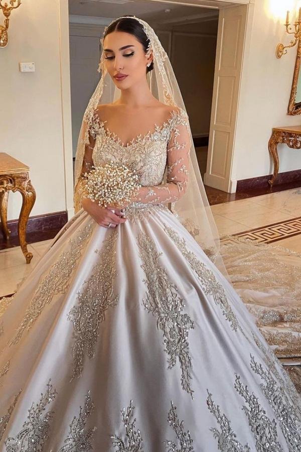 Bellasprom Brilliant Long Sleeves Wedding Dress With Beadings Peals Sweetheart