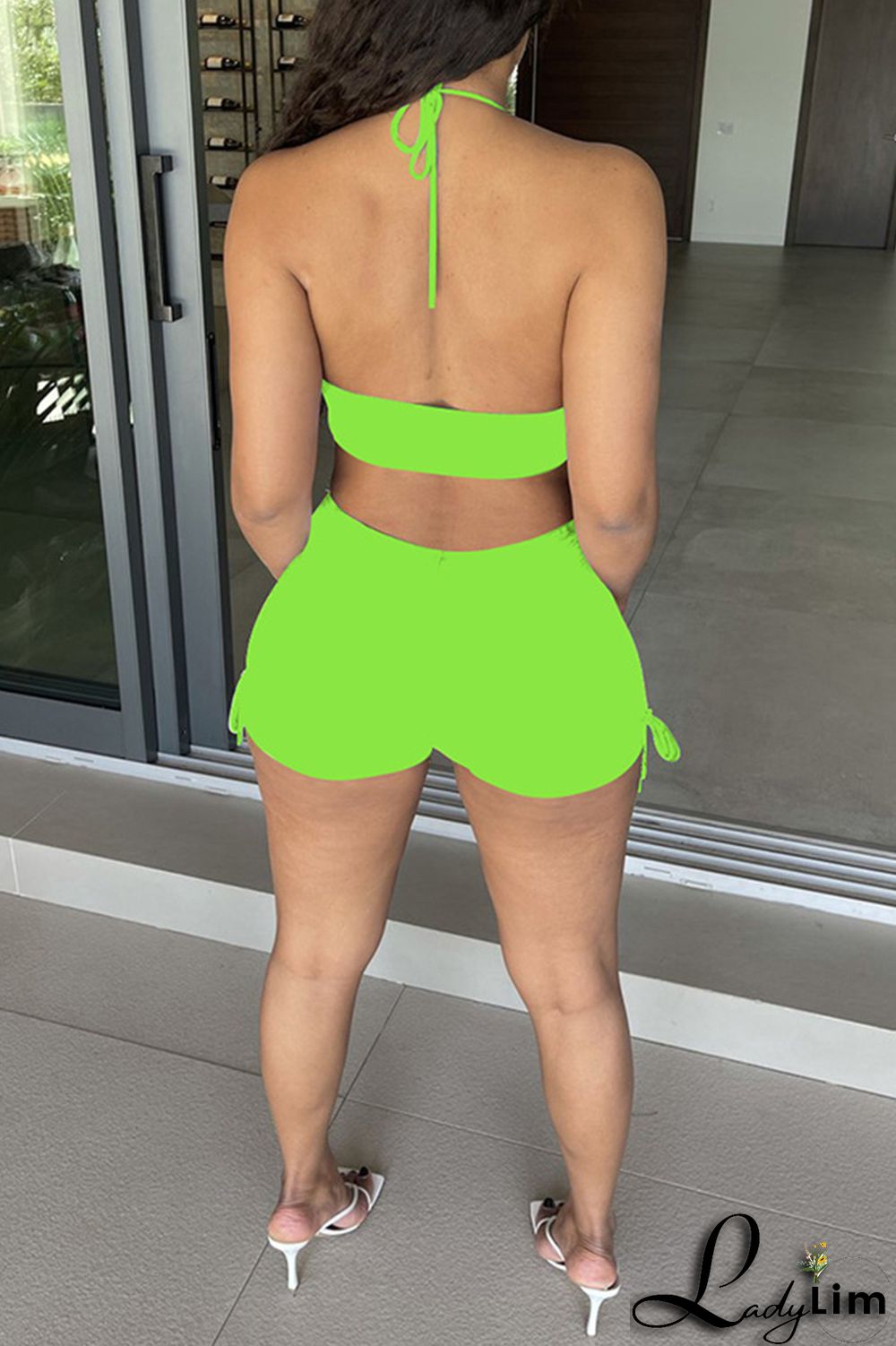 Black Fashion Sexy Solid Bandage Backless Halter Sleeveless Two Pieces